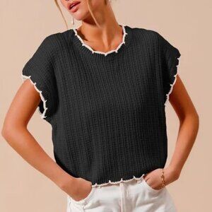 Textured Sweater Top With Scallop Edge - Black/Ivory